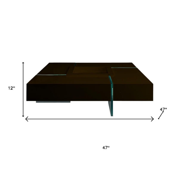 Homeroots 47" Contemporary Dark Brown Square Coffee Table With Clear Glass Legs And Removable Serving Tray   554281