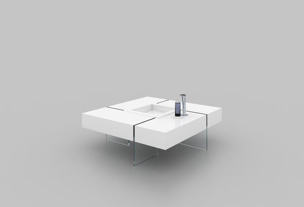 HomeRoots 47" White Square Sled Coffee Table with Clear Glass Base - Versatile, Modern Design for Any Space 554283