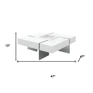 HomeRoots 47" White Square Sled Coffee Table with Clear Glass Base - Versatile, Modern Design for Any Space 554283