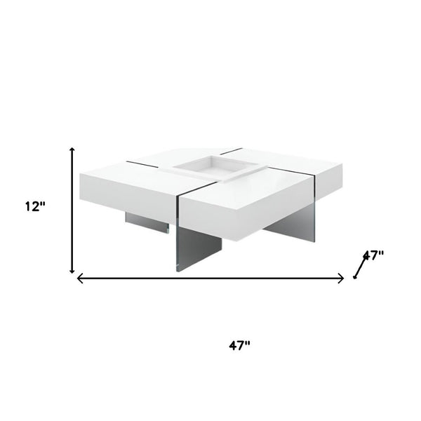 HomeRoots 47" White Square Sled Coffee Table with Clear Glass Base - Versatile, Modern Design for Any Space 554283