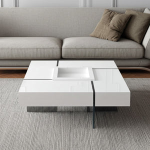HomeRoots 47" White Square Sled Coffee Table with Clear Glass Base - Versatile, Modern Design for Any Space 554283