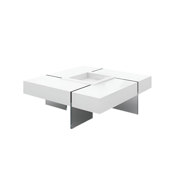 HomeRoots 47" White Square Sled Coffee Table with Clear Glass Base - Versatile, Modern Design for Any Space 554283