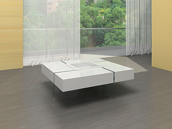 HomeRoots 47" Modern Square Sled Coffee Table with Removable Tray, Clear Glass & White Wood for Stylish Living 554284