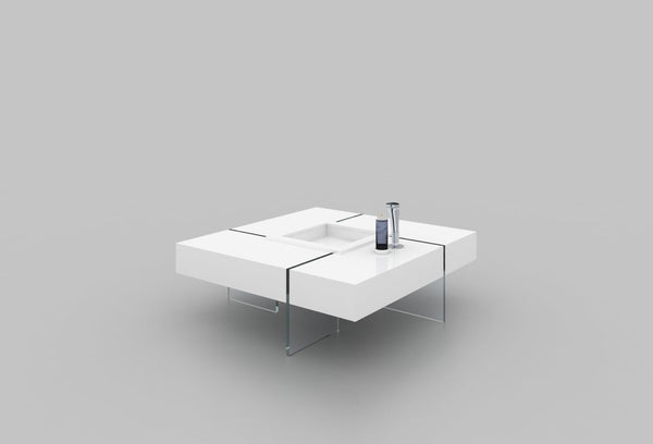 HomeRoots 47" Modern Square Sled Coffee Table with Removable Tray, Clear Glass & White Wood for Stylish Living 554284