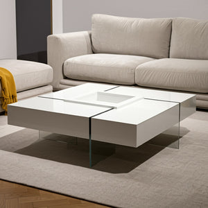 HomeRoots 47" Modern Square Sled Coffee Table with Removable Tray, Clear Glass & White Wood for Stylish Living 554284