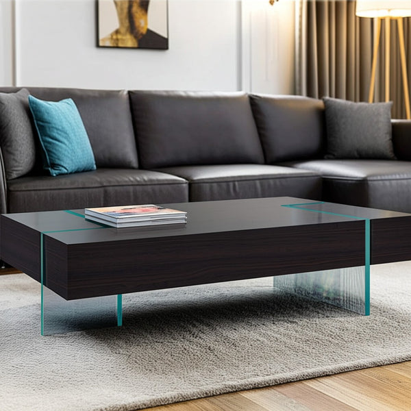 HomeRoots 53" Sleek Black and Glass Sled Coffee Table – Modern Design for Stylish Living Spaces & Versatile Use 554285