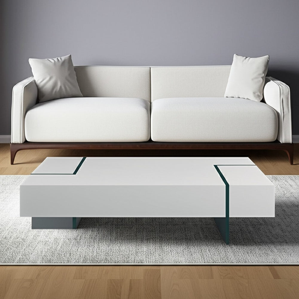HomeRoots 53" Sleek White and Clear Glass Sled Coffee Table - Modern Design for Living Room & Office Décor 554286