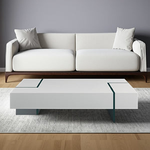 HomeRoots 53" Sleek White and Clear Glass Sled Coffee Table - Modern Design for Living Room & Office Décor 554286