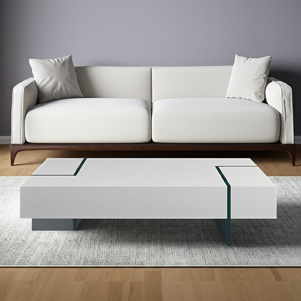 HomeRoots 53" Sleek White and Clear Glass Sled Coffee Table - Modern Design for Living Room & Office Décor 554286
