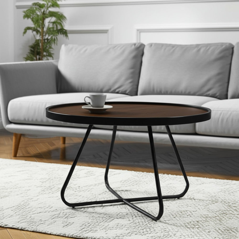 HomeRoots 28" Modern Walnut and Black Metal Round Coffee Table with Cross Legs for Stylish Living Spaces 554289