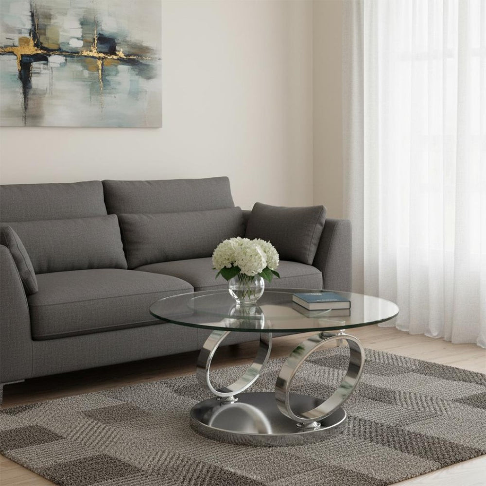 HomeRoots 32" Clear Glass Coffee Table with Silver Metal Base - Modern Round Design for Versatile Spaces 554290