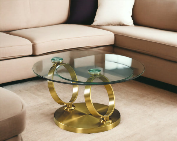 Homeroots 32" Clear And Gold Round Abstract Coffee Table - Stylish Glass Top With Durable Metal Frame For Any Room   554291