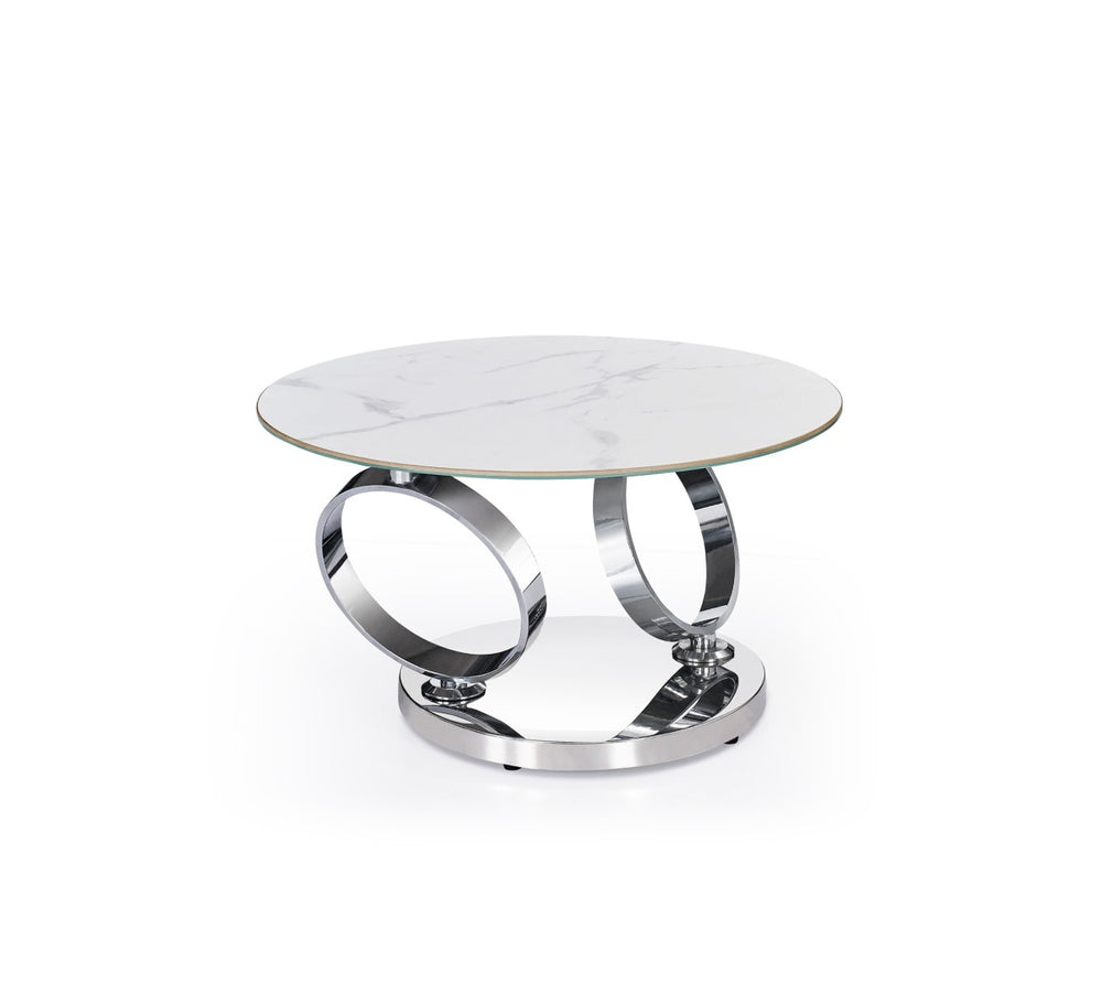 HomeRoots 32" Modern Round Coffee Table with White Ceramic Top & Silver Metal Base for Stylish Living Spaces 554292