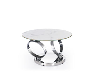 HomeRoots 32" Modern Round Coffee Table with White Ceramic Top & Silver Metal Base for Stylish Living Spaces 554292