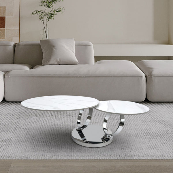 Homeroots 32" Stylish White And Silver Ceramic Tile Round Coffee Table - Modern Design For Your Living Room   554292
