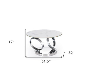 Homeroots 32" Stylish White And Silver Ceramic Tile Round Coffee Table - Modern Design For Your Living Room   554292