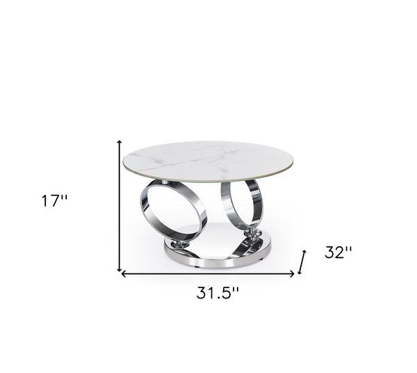 Homeroots 32" Stylish White And Silver Ceramic Tile Round Coffee Table - Modern Design For Your Living Room   554292