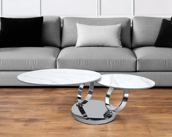 Homeroots 32" Stylish White And Silver Ceramic Tile Round Coffee Table - Modern Design For Your Living Room   554292