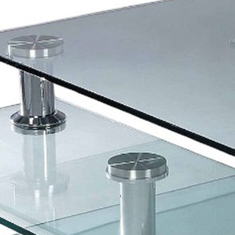 Homeroots 32" Clear And Silver Glass Metal Coffee Table With 3 Shelves – Stylish, Durable, Contemporary Design   554293