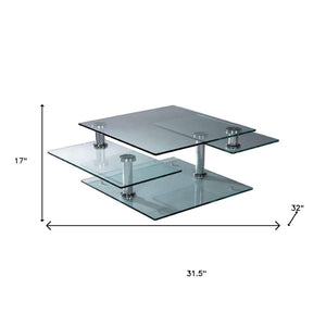Homeroots 32" Clear And Silver Glass Metal Coffee Table With 3 Shelves – Stylish, Durable, Contemporary Design   554293