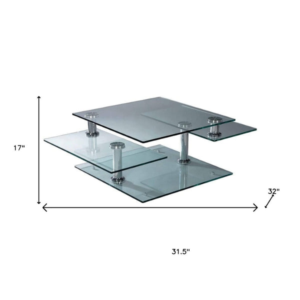Homeroots 32" Clear And Silver Glass Metal Coffee Table With 3 Shelves – Stylish, Durable, Contemporary Design   554293