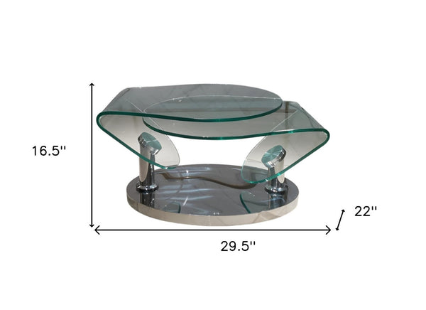 Homeroots 30" Clear Glass And Silver Metal Oval Abstract Coffee Table - Stylish Accent For Living Spaces   554294