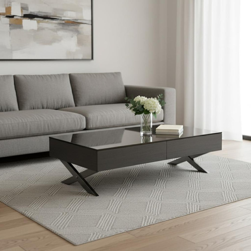 HomeRoots 28" Contemporary Gray Glass & Silver Metal Mirrored Coffee Table with 2 Drawers for Elegant Storage 554295