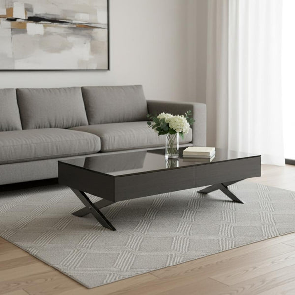 HomeRoots 28" Contemporary Gray Glass & Silver Metal Mirrored Coffee Table with 2 Drawers for Elegant Storage 554295