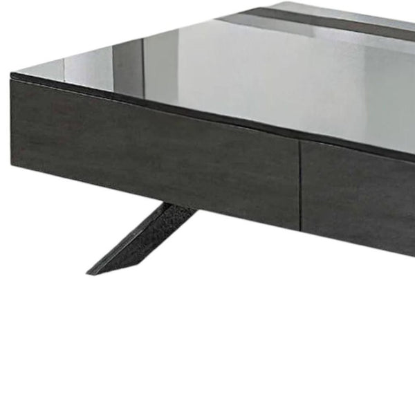 HomeRoots 28" Contemporary Gray Glass & Silver Metal Mirrored Coffee Table with 2 Drawers for Elegant Storage 554295