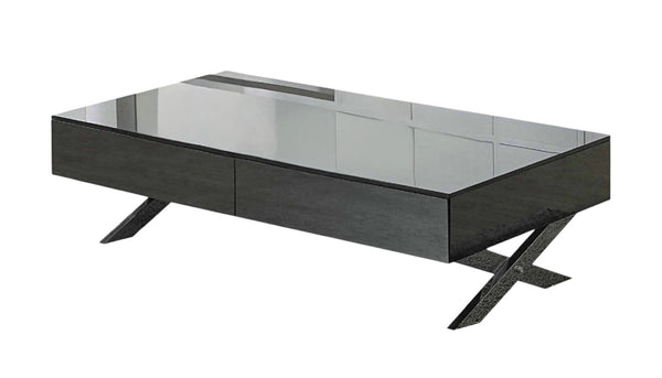 HomeRoots 28" Contemporary Gray Glass & Silver Metal Mirrored Coffee Table with 2 Drawers for Elegant Storage 554295