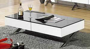HomeRoots 28" White and Silver Glass Coffee Table with Cross Legs, Two Drawers for Modern Living Spaces 554296