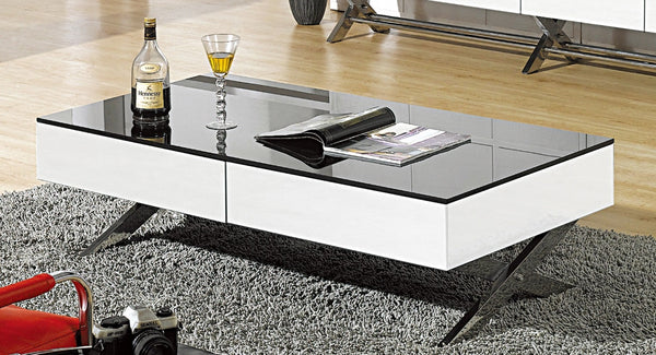 HomeRoots 28" White and Silver Glass Coffee Table with Cross Legs, Two Drawers for Modern Living Spaces 554296