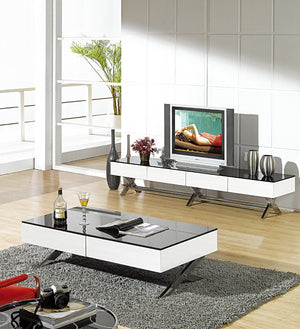 HomeRoots 28" White and Silver Glass Coffee Table with Cross Legs, Two Drawers for Modern Living Spaces 554296