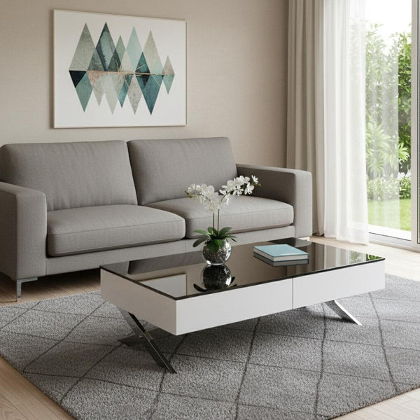 HomeRoots 28" White and Silver Glass Coffee Table with Cross Legs, Two Drawers for Modern Living Spaces 554296