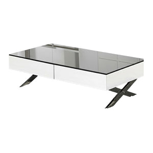 HomeRoots 28" White and Silver Glass Coffee Table with Cross Legs, Two Drawers for Modern Living Spaces 554296