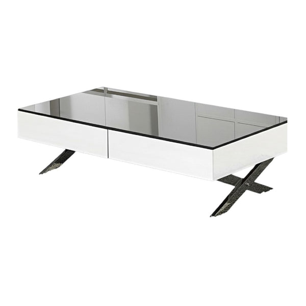 HomeRoots 28" White and Silver Glass Coffee Table with Cross Legs, Two Drawers for Modern Living Spaces 554296