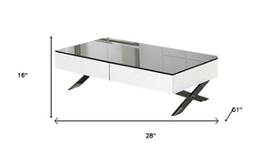 HomeRoots 28" White and Silver Glass Coffee Table with Cross Legs, Two Drawers for Modern Living Spaces 554296