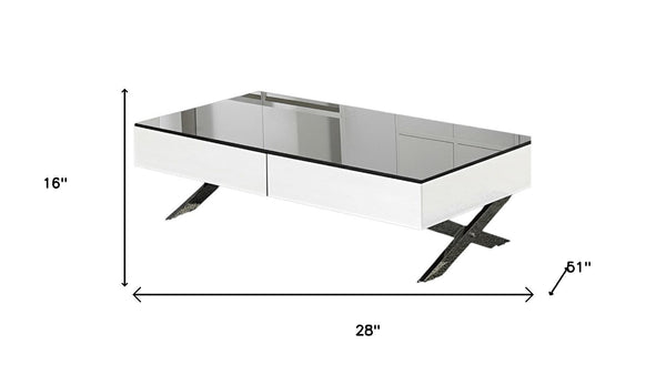HomeRoots 28" White and Silver Glass Coffee Table with Cross Legs, Two Drawers for Modern Living Spaces 554296