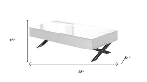 HomeRoots 28" Modern White and Silver Glass Coffee Table with Cross Legs & Hidden Storage Drawers for Living Room 554297