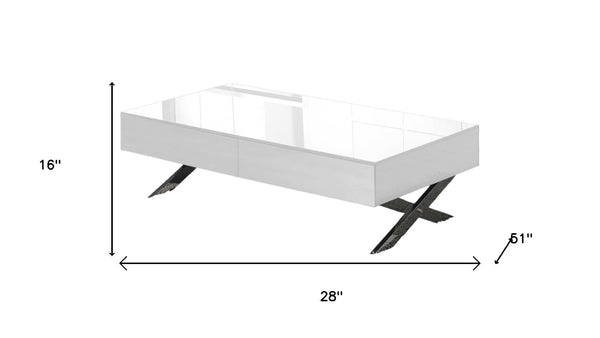 HomeRoots 28" Modern White and Silver Glass Coffee Table with Cross Legs & Hidden Storage Drawers for Living Room 554297