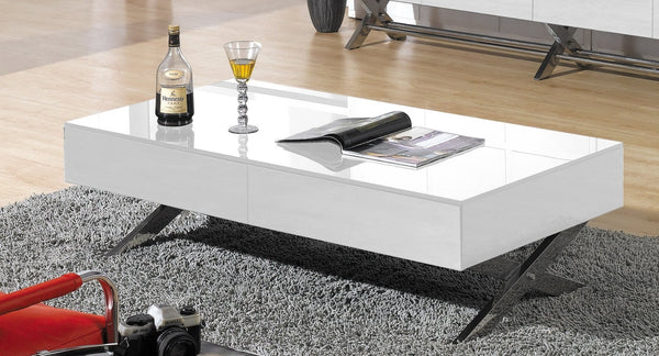 HomeRoots 28" Modern White and Silver Glass Coffee Table with Cross Legs & Hidden Storage Drawers for Living Room 554297