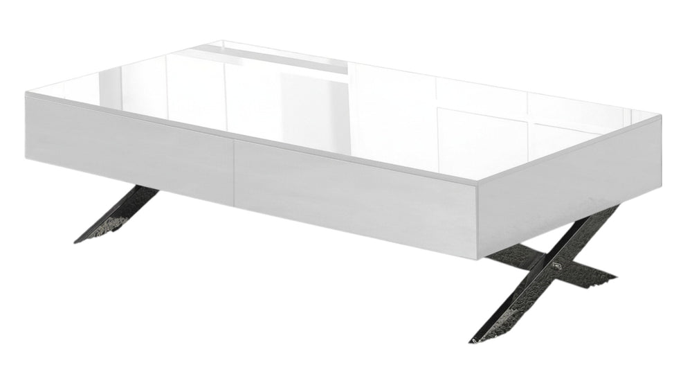 HomeRoots 28" Modern White and Silver Glass Coffee Table with Cross Legs & Hidden Storage Drawers for Living Room 554297