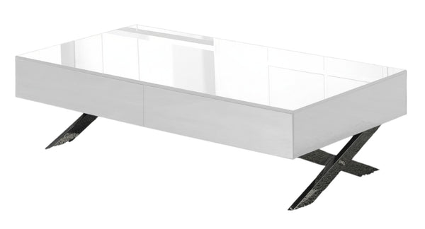 HomeRoots 28" Modern White and Silver Glass Coffee Table with Cross Legs & Hidden Storage Drawers for Living Room 554297