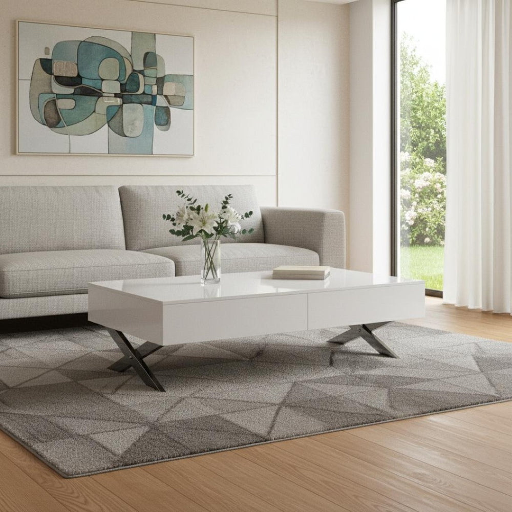 HomeRoots 28" Modern White and Silver Glass Coffee Table with Cross Legs & Hidden Storage Drawers for Living Room 554297