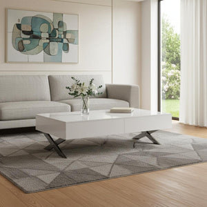 HomeRoots 28" Modern White and Silver Glass Coffee Table with Cross Legs & Hidden Storage Drawers for Living Room 554297