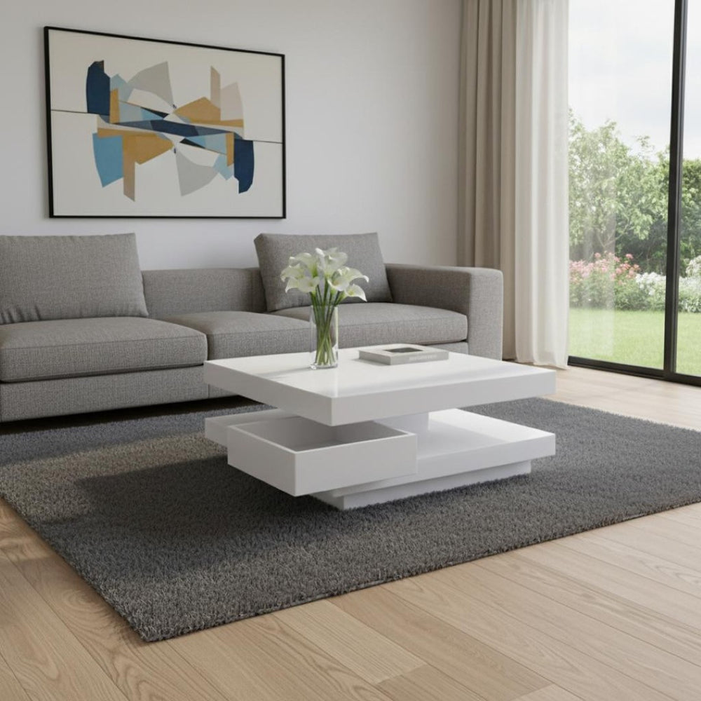 HomeRoots 32" White Wood Square Coffee Table - Modern Design with 2 Drawers for Stylish Storage & Functionality 554298