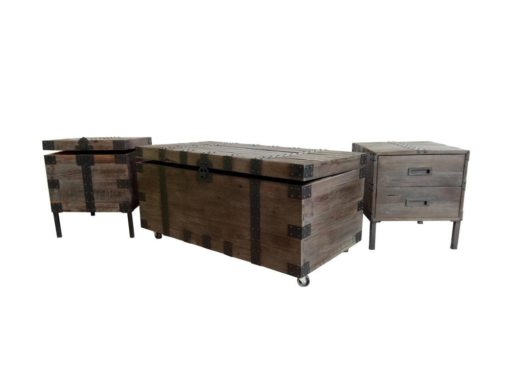 Homeroots Set Of Three Rustic Brown Wood And Metal Distressed Trunk Coffee Table & Stylish End Tables   554299