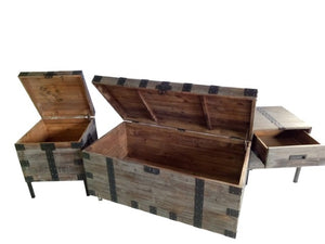 Homeroots Set Of Three Rustic Brown Wood And Metal Distressed Trunk Coffee Table & Stylish End Tables   554299