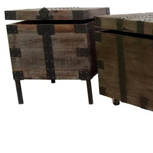Homeroots Set Of Three Rustic Brown Wood And Metal Distressed Trunk Coffee Table & Stylish End Tables   554299