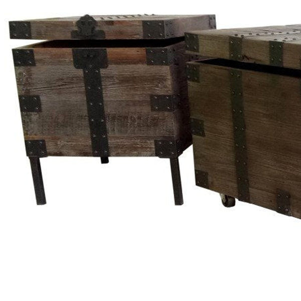 Homeroots Set Of Three Rustic Brown Wood And Metal Distressed Trunk Coffee Table & Stylish End Tables   554299